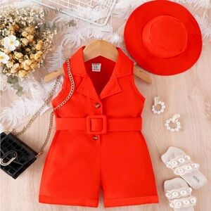 Bright Red Sleeveless Belted Romper with Matching Hat